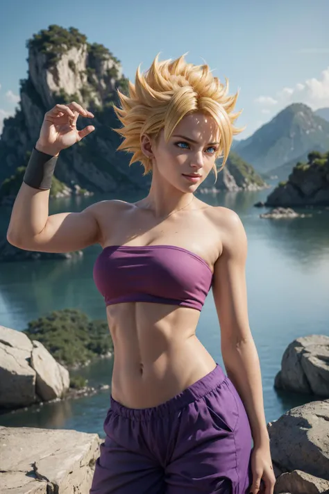 <lora:caulifla-nvwls-v1:0.9>, ((ssjcaulifla)), ((blonde hair)), (spiked hair), blue eyes, pink (tube top), strapless, purple (pants), baggy pants, bracers, looking at viewer, smirk, smile, green sky, mountains, rock formations, standing, close-up,