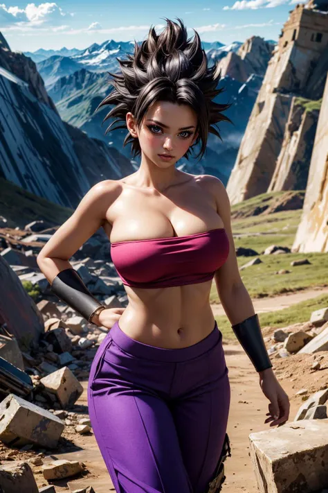Create a live-action image of the gender-swapped version of Hassan (Carver) from Dragon Quest VI. The character should have short, spiky purple hair, styled exactly like the original. The female version has an extremely muscular, bodybuilder-like physique, with arms as thick as her face, showcasing immense strength. Her chest is significantly larger, with the original orange tank top modified to reveal prominent cleavage while retaining the original design and color. The white cloth underneath the tank top is preserved. Replace the original green pants with short, form-fitting hot pants in the same green color as the original pants, designed to accentuate her muscular legs. The gloves and boots should match the original design and color. The background should depict a rugged, mountainous terrain, emphasizing Hassan’s strength and resilience. The overall look should stay true to the character’s origins, translating it into a realistic, live-action style that highlights both her muscular build and feminine features, while maintaining the original clothing design and color scheme.
