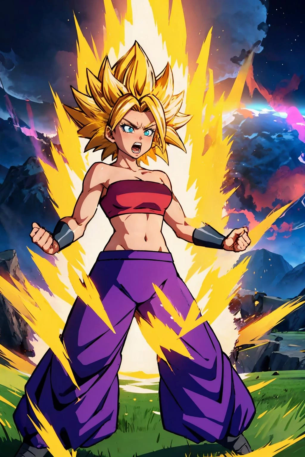 masterpiece, best quality, <lora:caulifla-nvwls-v1-000009:1> ssjcaulifla, blonde hair, aqua eyes, tube top, purple pants, bracers <lora:DBKiCharge:0.65> Ki Charge, aura, fighting stance, yellow aura, screaming, open mouth, furrowed brow, standing, wide shot, mountains, field