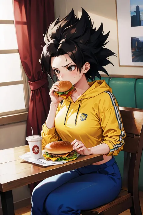 masterpiece, best quality, petra_academy, facial mark, braided ponytail, purple t-shirt, purple shorts, sitting in a cafeteria, burger <lora:petra-nvwls-v1-000006:0.7>