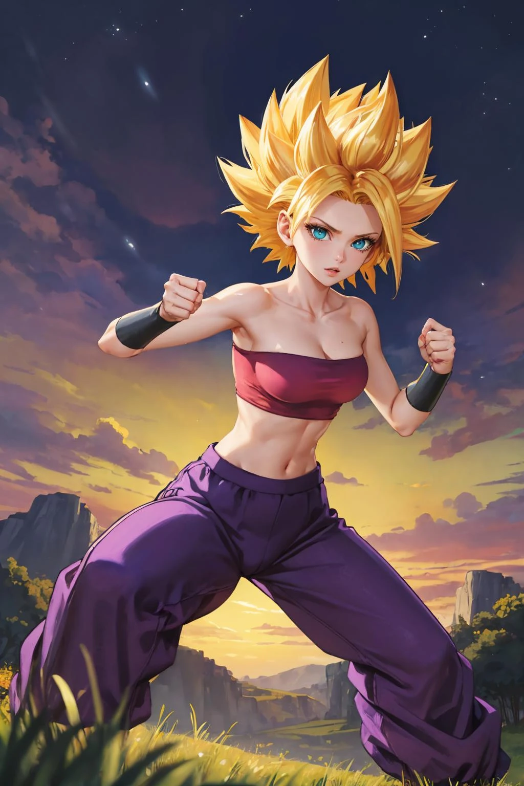 masterpiece, best quality, <lora:caulifla-nvwls-v1-000009:1> ssjcaulifla, blonde hair, aqua eyes, tube top, purple pants, bracers, fighting stance, dynamic pose, toned, looking at viewer, serious, purple sky, field