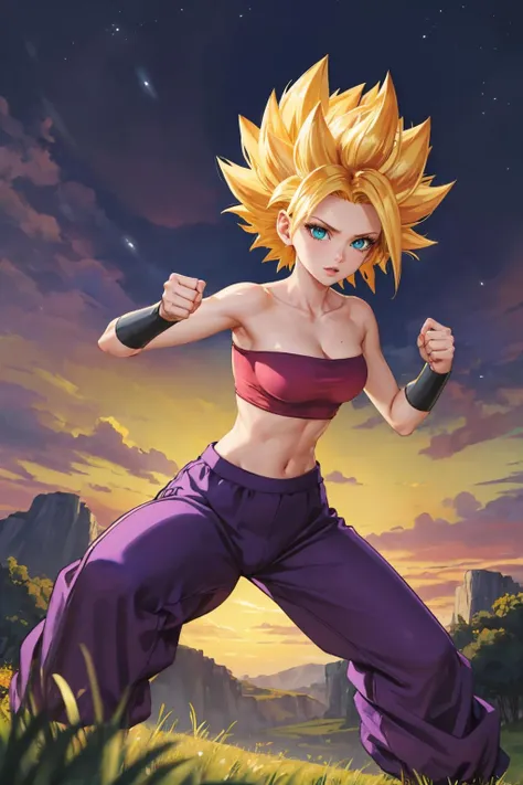 masterpiece, best quality,  <lora:caulifla-nvwls-v1-000009:1> ssjcaulifla, blonde hair, aqua eyes, tube top, purple pants, bracers, fighting stance, dynamic pose, toned, looking at viewer, serious, purple sky, field