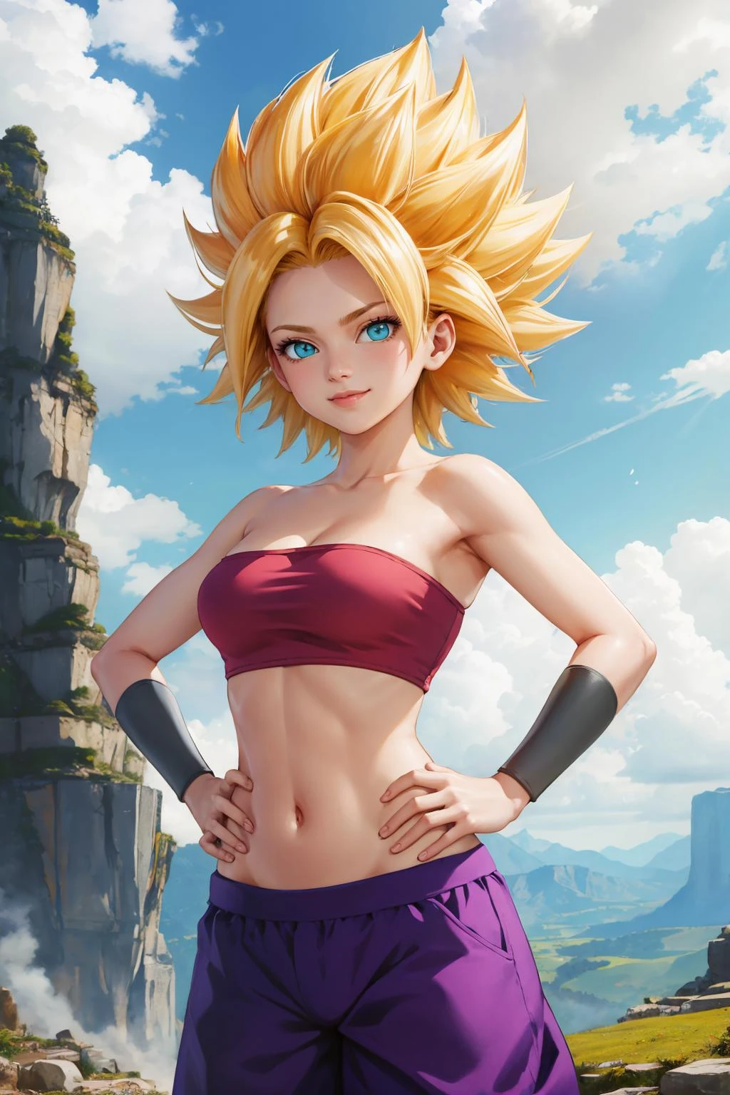 masterpiece, best quality, <lora:caulifla-nvwls-v1-000009:1> ssjcaulifla, blonde hair, aqua eyes, tube top, purple pants, bracers, cowboy shot, looking at viewer, smile, furrowed brow, hands to hips, sky, clouds