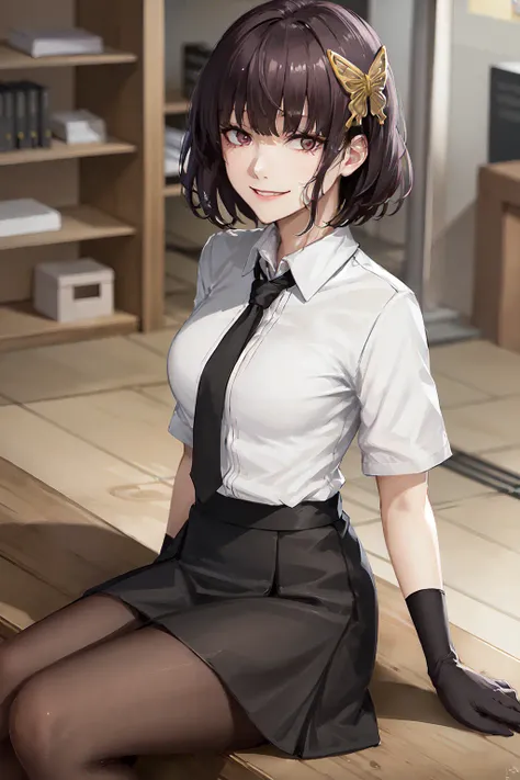 (masterpiece, best quality:1.2), <lora:bsd_akiko-10:0.7>, solo, 1girl, yosano akiko, smile, looking at viewer, sitting on a stool, bangs, butterfly hair ornament, white collared shirt, black necktie, short sleeves, black skirt, black pantyhose, black gloves, nurse's office, doctor's office