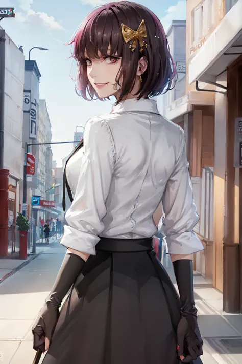 (masterpiece, best quality:1.2), <lora:bsd_akiko-10:0.8>, from behind, solo, 1girl, yosano akiko, smile, looking back, bangs, hair ornament, constricted pupils, white collared shirt, short sleeves, black gloves, black skirt, pantyhose