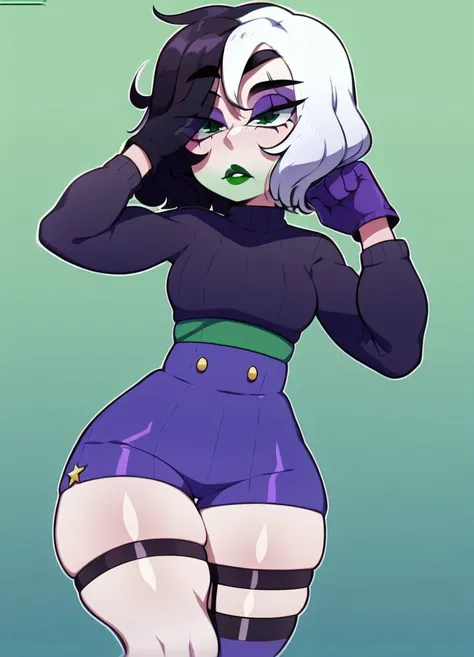 masterpiece, speedoru_artist, <lora:speedoru_artist-32:1>,1girl,<lora:yorra_villeneuve-09:1> yorra_villeneuve, (green eyes, green lips), (thigh strap, single thighhigh,purple high waist shorts, black sweater , long sleeves, single glove:1.2), purple eyeshadow