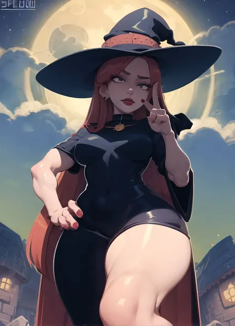 masterpiece,toon \(style\), speedoru_artist <lora:speedoru_artist_v2-16:1>, 1girl, solo,red lips, ((finger to mouth)),hand on hip, mole under eye, witch, witch hat, very long hair, red hair, black robe, night, medieval, (stone tower), moon, motion lines, from below, detailed background, detailed shadow, magic