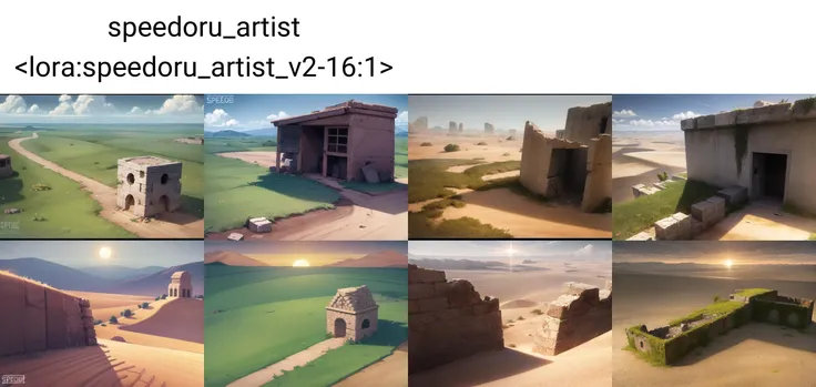 masterpiece,toon \(style\), speedoru_artist <lora:speedoru_artist_v2-16:1>, landscape, ruins, desert, sun, overgrown, detailed background