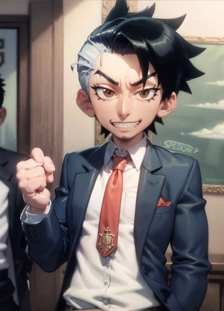 standing,masterpiece,toon \(style\), speedoru_artist <lora:speedoru_artist_v2-16:1>, 1boy,cowboy shot, jacket, white shirt, upper body, male focus, necktie,, collared shirt, indoors,, formal, suit, spiked hair, blue jacket, red necktie, black hair, hair slicked back, grin