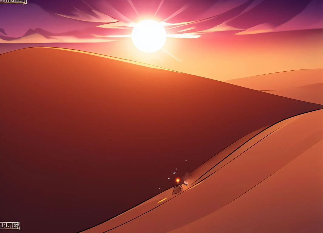 masterpiece, speedoru_artist, <lora:speedoru_artist-32:1>,landscape, (ruins), desert, sun, dunes, flare,