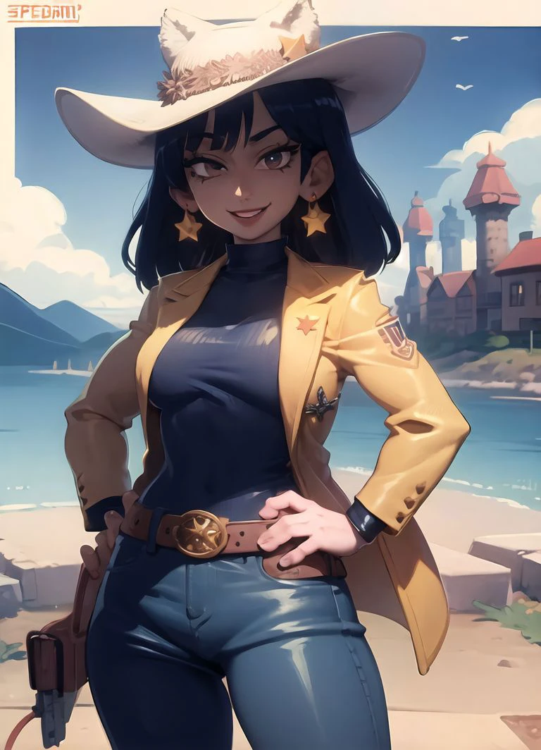 masterpiece,toon \(style\), speedoru_artist <lora:speedoru_artist_v2-16:1>, 1girl, smile,cowboy shot, cowboy, earrings, belt,revolver, star earrings,cowboy hat, cowboy western, hand on hip, open jacket