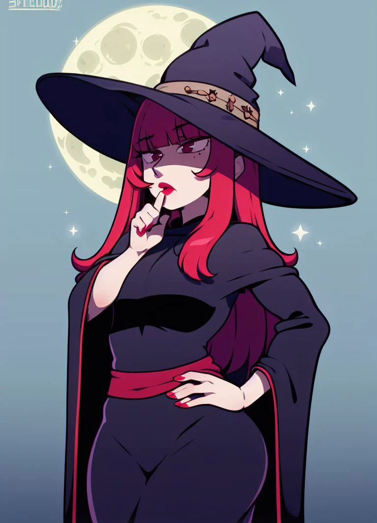 masterpiece, speedoru_artist, <lora:speedoru_artist-32:1>, 1girl, solo,red lips, ((index finger to mouth)),hand on hip, mole under eye, witch, witch hat, very long hair, red hair, black robe, night, medieval, (stone tower), moon, motion lines,detailed background, detailed shadow, magic