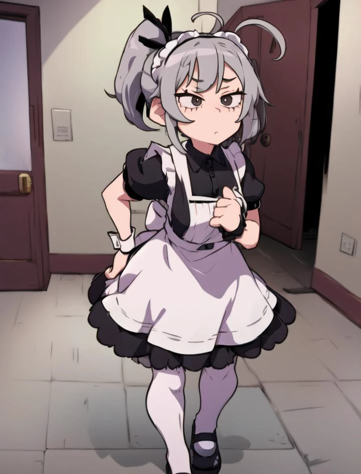 <lora:Sonshitsuv2:0.5> sonshitsu,1 girl, grey hair, grey eyes, ahoge, side ponytail, maid , stockings, black shoes, maid wrist cuff, chest ribbon , <lora:speedoru_artist:.8> speedoru_artist
