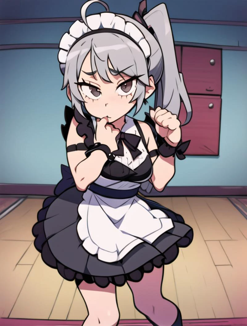 <lora:Sonshitsuv2:0.5> sonshitsu,1 girl, grey hair, grey eyes, ahoge, side ponytail, maid , stockings, black shoes, maid wrist cuff, chest ribbon , <lora:speedoru_artist:.8> speedoru_artist