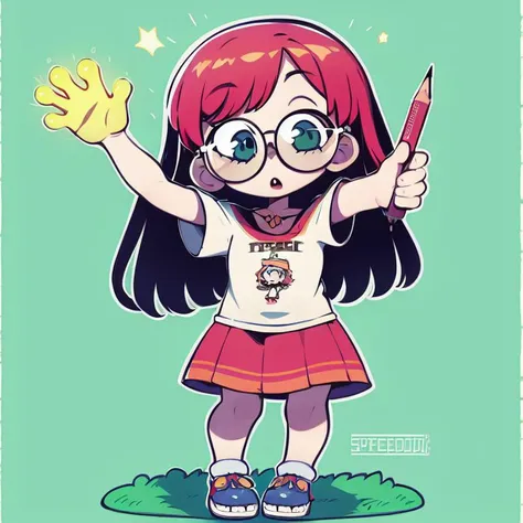 masterpiece,  speedoru_artist,  <lora:speedoru_artist-32:1>, 1girl, chibi, large glasses, waving, holding pencil \(medium\), frog, chibi