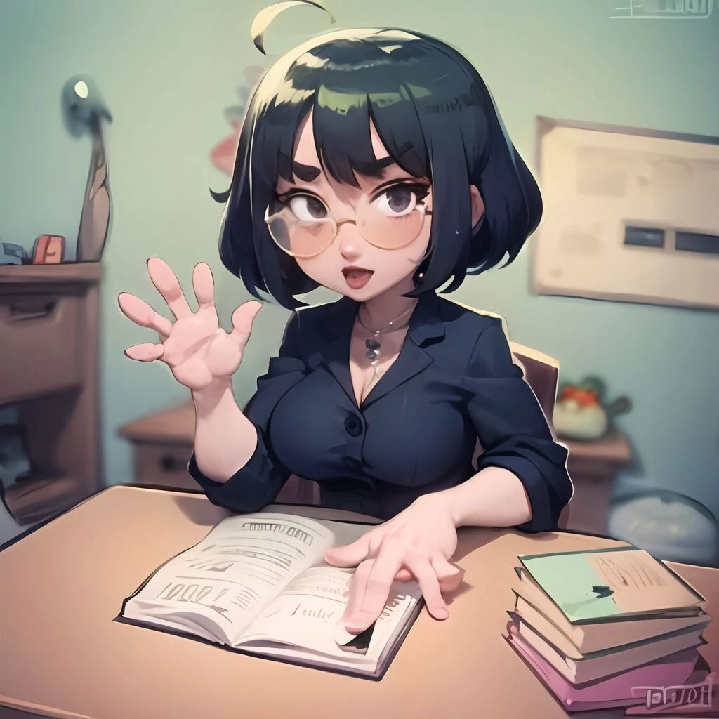masterpiece,toon \(style\), speedoru_artist <lora:speedoru_artist_v2-16:1>, 1girl, chibi, large glasses, waving, holding pencil \(medium\), frog, chibi