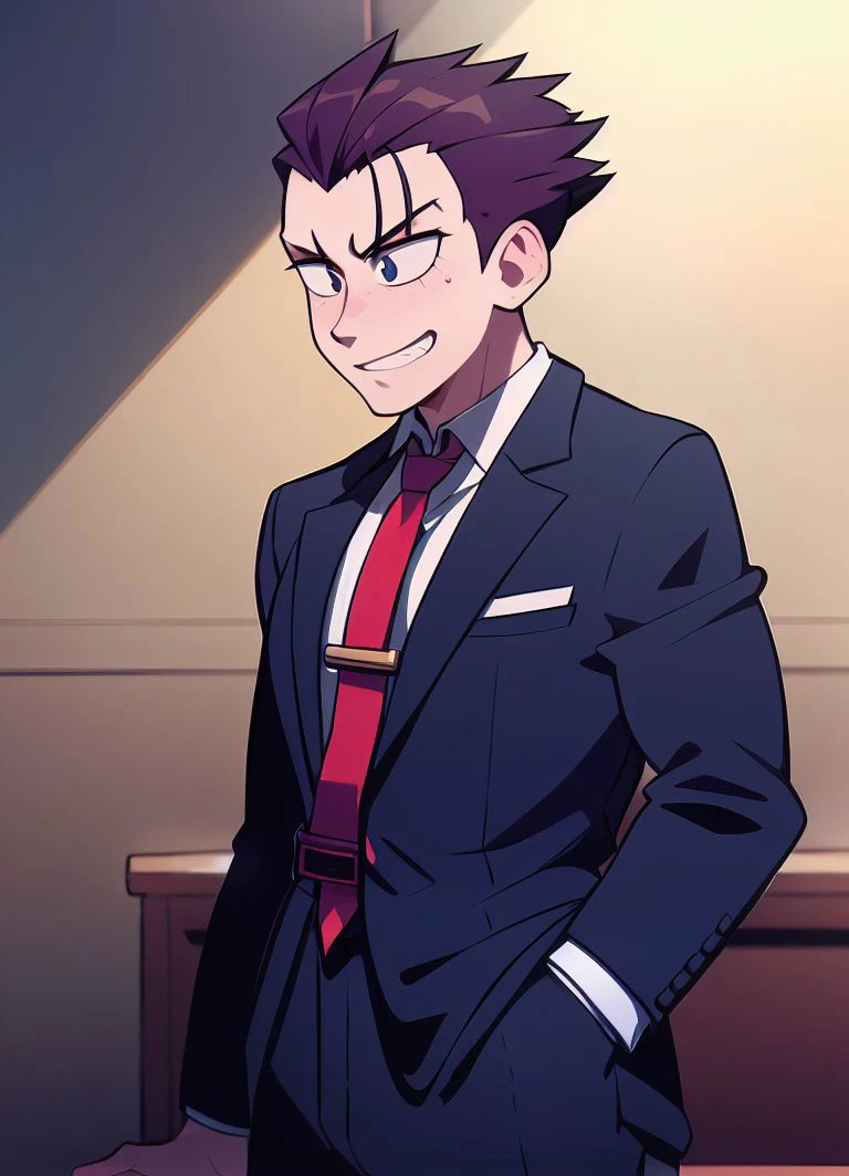 masterpiece, speedoru_artist, <lora:speedoru_artist-32:1>,solo, standing, 1boy,cowboy shot, jacket, white shirt, upper body, male focus, necktie,, collared shirt, indoors,, formal, suit, spiked hair, blue jacket, red necktie, black hair, hair slicked back, grin