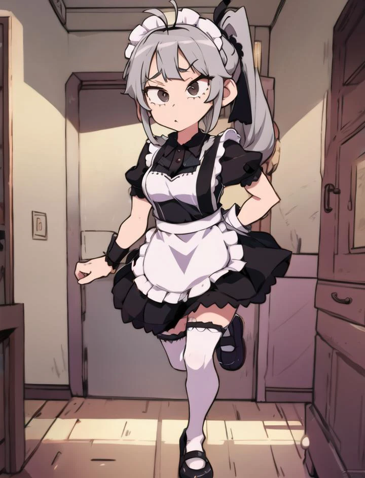 <lora:Sonshitsuv2:0.5> sonshitsu,1 girl, grey hair, grey eyes, ahoge, side ponytail, maid , stockings, black shoes, maid wrist cuff, chest ribbon , <lora:speedoru_artist:.8> speedoru_artist