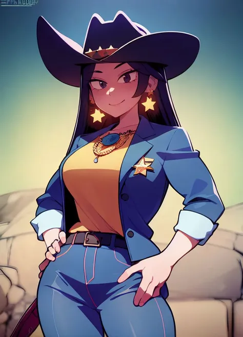 masterpiece,   speedoru_artist,  <lora:speedoru_artist-32:1>, 1girl, smile,cowboy shot, cowboy, earrings, belt,revolver, star earrings,cowboy hat, cowboy western, hand on hip, open jacket