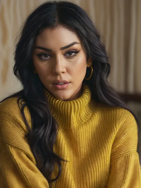 (closeup:1.2!), quesat, a photo of an extremely sexy woman with long flowing hair, (wearing knitted yellow turtleneck sweater and jeans!), HDR, 8K, interesting background, emotional scene, film still, (cinematic:1.3), soft lighting, <lora:epiNoiseoffset_v2:0.6>, <lora:add_detail:0.8>,