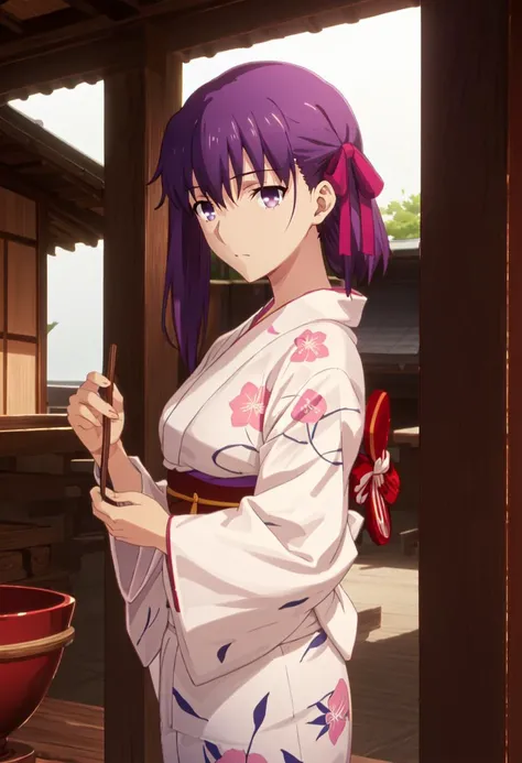 best quality, masterpiece, highres, solo, (matou_sakura_fatestaynightufotable:1.10), (yukata:1.30), (kimono:1.15), anime_style, 19 <lora:matou_sakura_fatestaynightufotable:0.80>