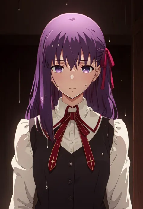 best quality, masterpiece, highres, solo, (matou_sakura_fatestaynightufotable:1.10), 1girl, brown vest, homurahara academy school uniform, neck ribbon, white shirt, collared shirt, long sleeves, rain, upper body, wet clothes, wet hair, anime_style, 2 <lora:matou_sakura_fatestaynightufotable:0.80>