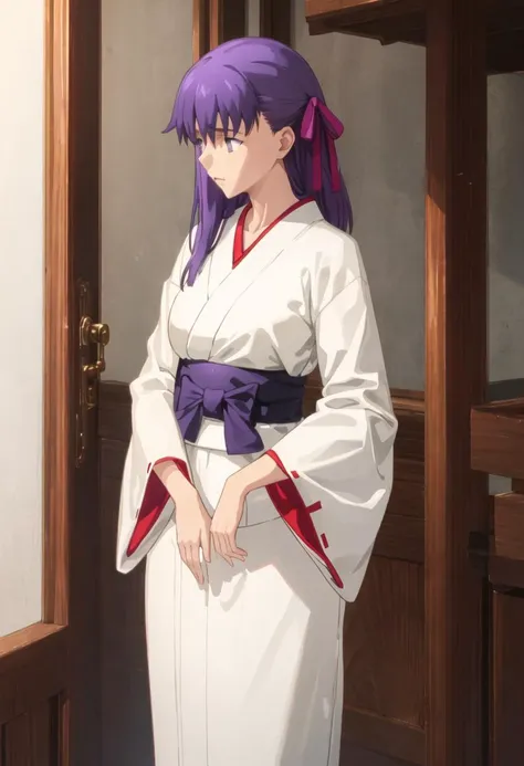 best quality, masterpiece, highres, solo, {matou_sakura_fatestaynightufotable:0.90}, {white kimono:1.35}, {red hakama:1.35}, {wide sleeves:1.20}