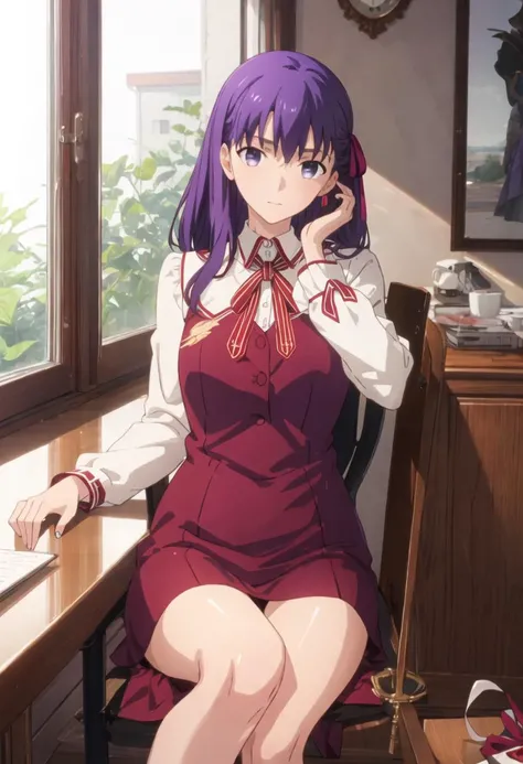 {safe:1.10}, best quality, masterpiece, highres, solo, {matou_sakura_fatestaynightufotable:0.90}, sitting, sitting on chair, chair, cowboy_shot, looking at viewer