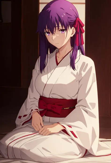 best quality, masterpiece, highres, solo, (matou_sakura_fatestaynightufotable:1.10), (white kimono:1.35), (red hakama:1.35), (wide sleeves:1.20), anime_style, 18 <lora:matou_sakura_fatestaynightufotable:0.80>