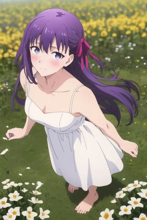 <lora:matou_sakura_fatestaynightufotable:1>, (((masterpiece))), (8k, high_resolution), (highres), amazing, sharp focus, finely detail, (distinct_image), ((1girl)), ((solo)), ((best quality)), (view from front), (medium shot:1.2), (detailed eyes:1.2), (beautiful eyes and detailed face:1.2), (perfect eyes), (perfect face),(matou_sakura_fatestaynightufotable:1.1), (matou sakura fatestaynightufotable:1.1),(anime_style:1.1), (white dress), ((medium breasts)), (flower field), (standing), (looking at viewer:1.2),blush, barefoot,