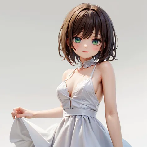 (masterpiece, ultra quality, ultra ), sharp details, 1girl, brown hair, short hair, green eyes, slight smile, medium breasts, looking at viewer, cowboy shot, white dress, <lora:hairdetailer:0.5>