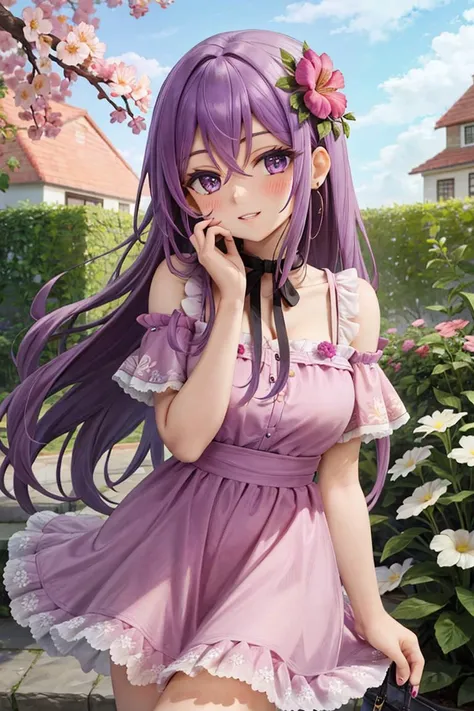 1girl, mature female, milf, garden, narrowed eyes, looking at viewer, hand on cheek, hair flower, blush, smile, parted lips, purple hair, jewelry, eyeshadow, purple nails, sundress, cowboy shot, long hair