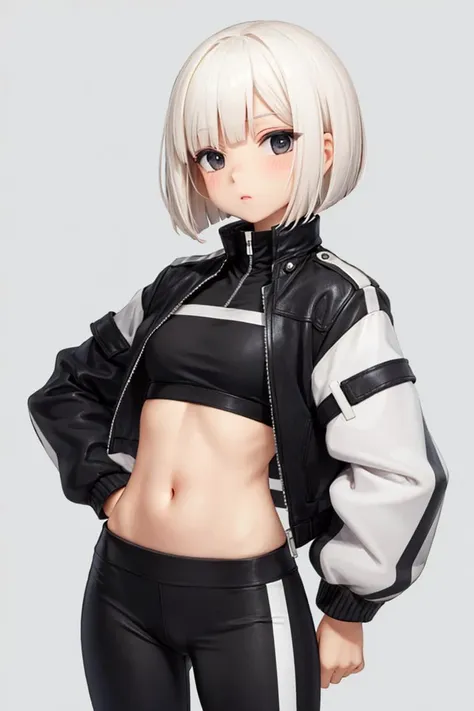 1lady,solo,leggings,cropped top,jacket,platinum blonde,bob cut,cowboy shot,black eyes,