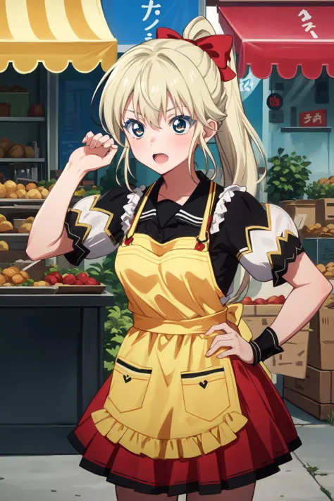 (Masterpiece:1.4), (best quality:1.2), <lora:Bloodstone_Fino-000017:1>, fino bloodstone, 1girl, yellow apron, ponytail, red apron, puffy short sleeves, red skirt, blonde hair