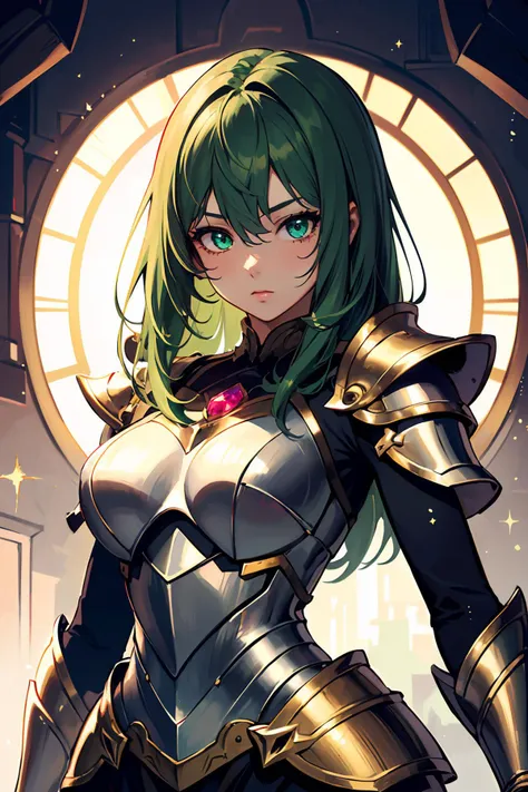 (masterpiece, best quality, absurdres:1.2), 1girl, tall female, mature female, knight, green eyes, green hair, eye glitter, glowing, glowing eyes, glowing gems, gem, red gemstone, ruby, armor