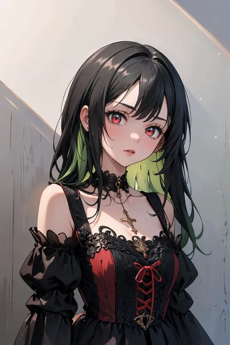 (masterpiece, best quality, absurdres:1.2), 1girl, (tall female, mature female, medium breasts) long hair, green hair, detailed face, glitter, eye glitter, red eyes, glowing eyes, portrait, upper body,  <lora:black dress_v1.8:0.75> black dress