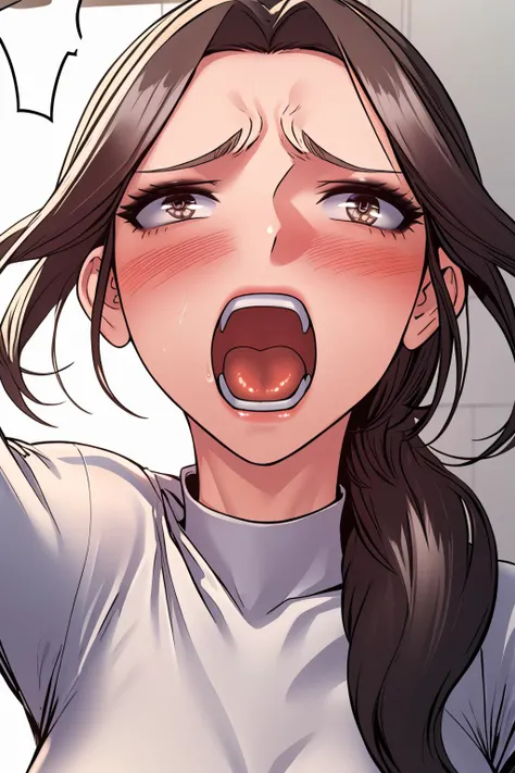 masterpiece, high quality, best quality, <lora:MinahKim:1> MinahKim, 1girl, ponytail, brown eyes, (rolling eyes), blush, angry, white shirt, screaming, looking at viewer, (SucSysStyle)