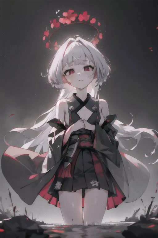 1girl, beautiful woman, beautiful face, red dress, close up, she is standing on broken and dstroyed Glass Dome Roof with garden and vegetation, red dress, face focus, face focus, rain, water floor, flowers, - shuro_(blue_archive), grey_hair, long_hair, white_pupils, blight_pupils, bangs, blunt_bangs, halo, red_eyes, bandaid_on_face, bandaid, bandaid_on_cheek,japanese_clothes, sideless_outfit, flat_chest, black_kimono, bare_shoulders, jingle_bell, breast_cutout, diamond_cutout, haori, off_shoulders, wide_sleeves, detached_sleeves, long_sleeves, obi, pelvic_curtain, bandaid_on_cheek, bandage, bandaged_arm, bandaged_leg, clogs, - broken and dstroyed Glass Dome Roof with garden and vegetation, red dress, face focus, face focus, rain, water floor, flowers,