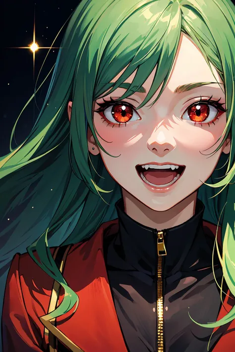 (masterpiece, best quality, absurdres:1.2), 1girl, tall female, mature female, long hair, green hair, detailed face, glitter, eye glitter, red eyes, glowing eyes, simple background, red theme, laughing, portrait, upper body, anime screencap,