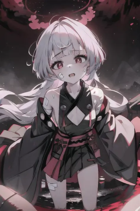 1girl, beautiful woman, beautiful face, red dress, close up, she is standing on broken and dstroyed Glass Dome Roof with garden and vegetation, red dress, face focus, face focus, rain, water floor, flowers, - shuro_(blue_archive), grey_hair, long_hair, white_pupils, blight_pupils, bangs, blunt_bangs, halo, red_eyes, bandaid_on_face, bandaid, bandaid_on_cheek,japanese_clothes, sideless_outfit, flat_chest, black_kimono, bare_shoulders, jingle_bell, breast_cutout, diamond_cutout, haori, off_shoulders, wide_sleeves, detached_sleeves, long_sleeves, obi, pelvic_curtain, bandaid_on_cheek, bandage, bandaged_arm, bandaged_leg, clogs,