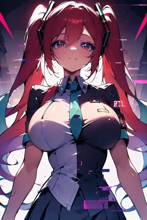 masterpiece, best quality, high quality, highres, absurdres, 1girl, solo,<lora:HatsuneMiku:0.66> Hatsune Miku, twintails, ((red hair)),  ((red eyes)), <lora:HerrscherAGGA2023_Rorigao_V1:0.8> AGGA_ST017, squinted eyes, evil smile, glowing eyes, large breasts, (school uniform), <lora:Glitching:1> ((Glitching, glitch))