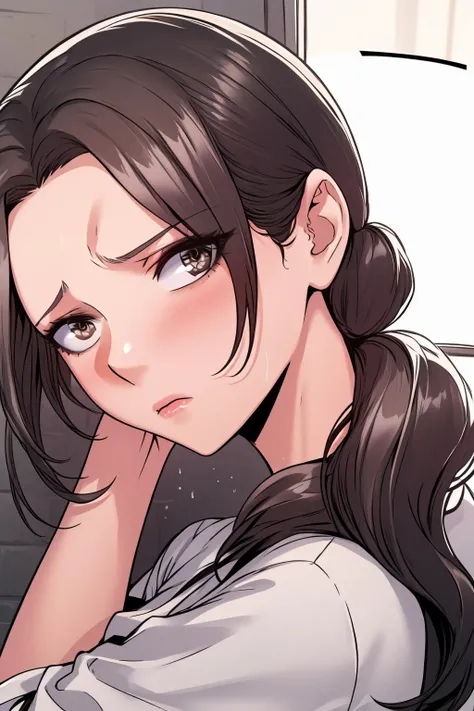 masterpiece, high quality, best quality, <lora:MinahKim:1> MinahKim, 1girl, ponytail, brown eyes, (rolling eyes), turn pale, worried, depressed, white shirt, looking at viewer, (SucSysStyle)