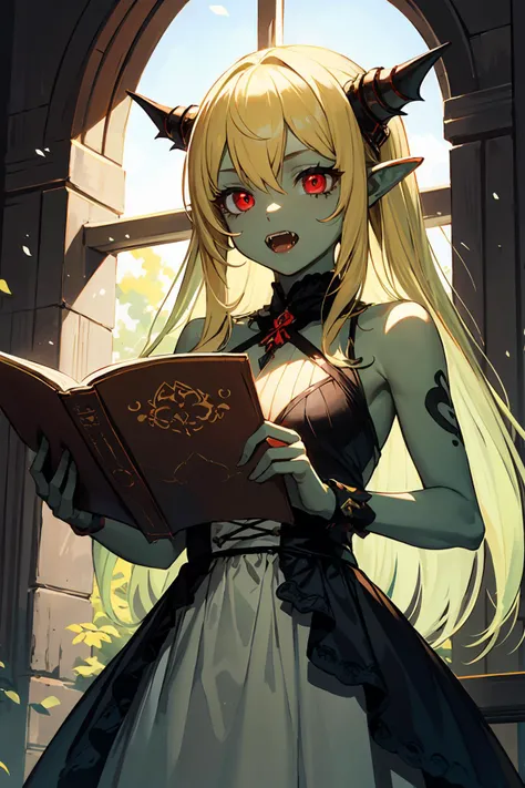 masterpiece, high quality,  <lora:OverGoblin-000016:1> OverGoblin, 1girl, colored skin, green skin, fangs, solo, dress, long hair, blonde hair, red eyes, glowing eyes, reading, cowboy shot,