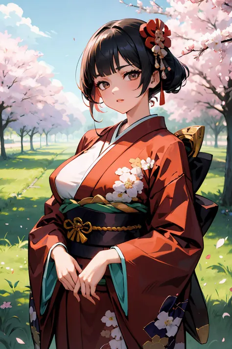 absurdres, highres ultra detailed, cowboy shot, diagonal view, grasslands, flowers,
1girl, black hair, blunt bangs,(nihongami, kanzashi:1.3), japanese clothes, red kimono, white skin, [angry:dear:0.5], looking at viewer, standing, large breasts, wind, cherry blossoms, 
dated, cinematic lighting, perfect hands, dated,
<lora:RGB_merged333:1>