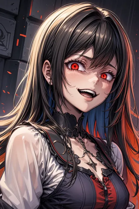 masterpiece, high quality, best quality, novel illustration, 1girl, solo, red eyes, glowing eyes, black hair, long hair, <lora:edgGesugao:1> edgGesugao, edgGesugao facial expression, sadistic smile, evil smile, <lora:add_detail:0.9>