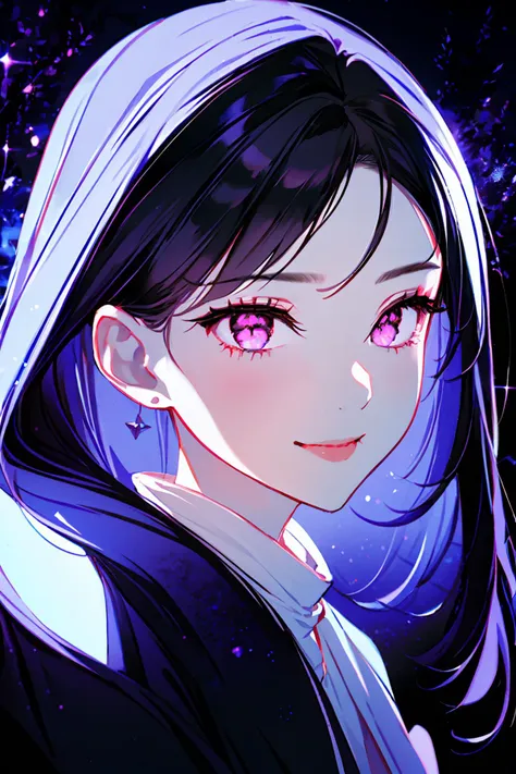 (masterpiece, best quality, absurdres:1.2), 1girl, tall female, mature female,  smile, pretty girl, beatiful face, black hair,  detailed face, glitter, eye glitter, red eyes, glowing eyes, night sky, night, purple theme,  <lora:GomziStyle:1>,