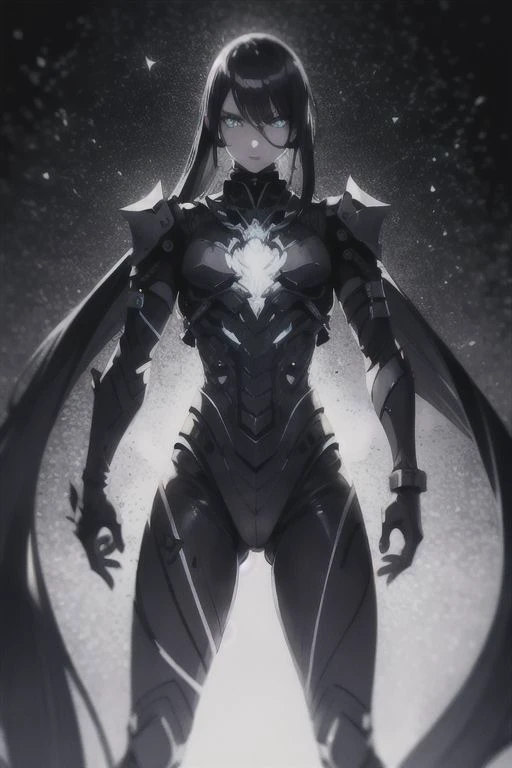 girl, cyberpunk augmentation, cyberware, iridescent cyborg, carbon fiber, chrome, chromatic, implants, metall skull, bloody, cyber plate armor, dark atmosphere, dark night, scars, (black short disheveled hair:1.1), iridescent eyeshadow, beautiful detailed glow, detailed, Cinematic light, intricate detail, highres, rounded eyes, detailed facial features, high detail, sharp focus, smooth, aesthetic, extremely detailed, insanely detailed and intricate industrial factory background, slim body, stylish pose,