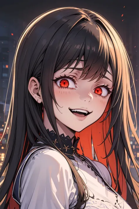 masterpiece, high quality, best quality, novel illustration, 1girl, solo, red eyes, glowing eyes, black hair, long hair,  <lora:edgGesugao:1> edgGesugao, edgGesugao facial expression, sadistic smile, evil smile