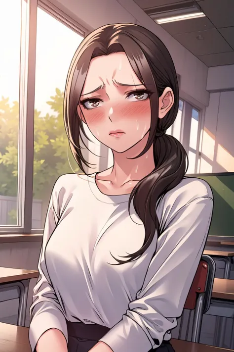 masterpiece, high quality, best quality, <lora:MinahKim:1> MinahKim, 1girl, ponytail, brown eyes, (rolling eyes), blush, sweat, white shirt, sitting, classroom,  looking at viewer, (SucSysStyle)