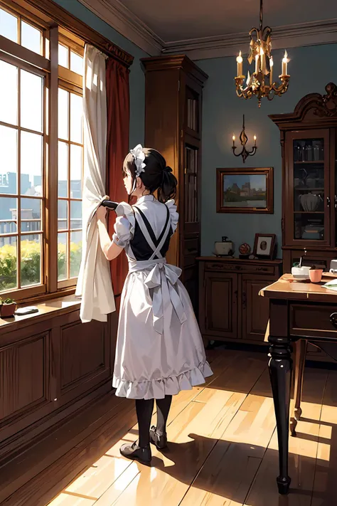 masterpiece,best quality,1girl, maid, maid apron, cleaning, cleaning windows, castle, indoors,